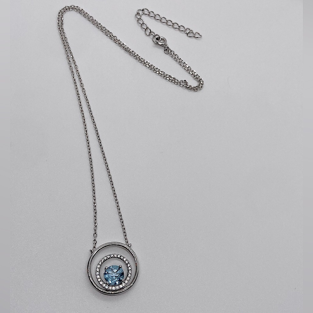 Sterling Blue Topaz & CZ Affixed Circle Pendant Necklace 17” + 2” Extender Chain